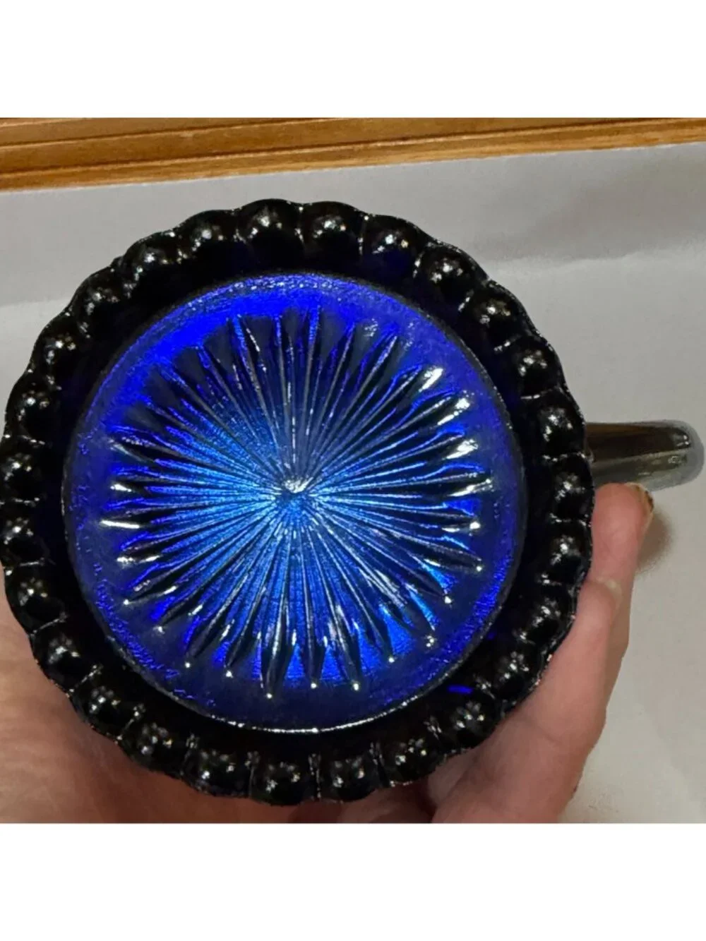 Vintage Dugan Carnival Glass Maple Leaf Iridescent Cobalt Blue Glass 4.5 Creamer